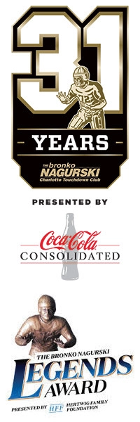 Bronko Nagurski 31 Years logo, Coca-Cola Consolidated logo, and The Bronko Nagurski Legends Award logo